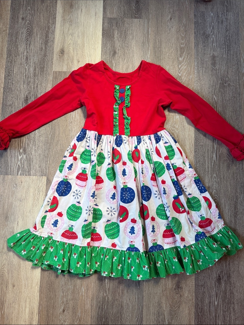 Eleanor Rose Girls Holiday Ruffle Dress with Ornament Print - Red & Green